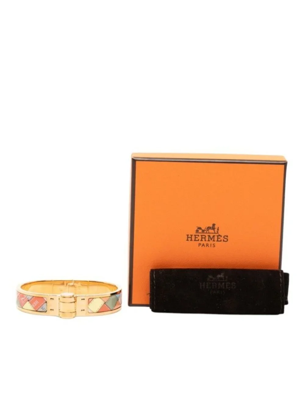 Hermes Charnier PM Bolduc AU Carre Check Bangle Bracelet Gold Multicolor Plated